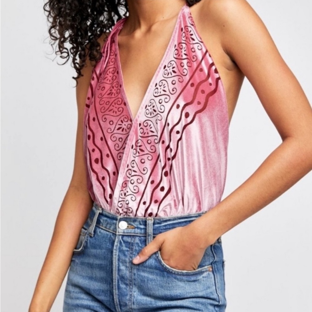 FREE PEOPLE Body Talk Plunge Neck Velvet Sleeveless Bodysuit, S